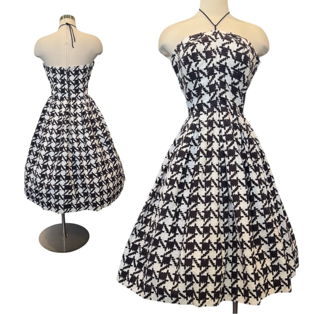 Vintage 50s 60s Houndstooth Check Strapless New Look Fit Flare Party Dress Town - Picture 9 of 12